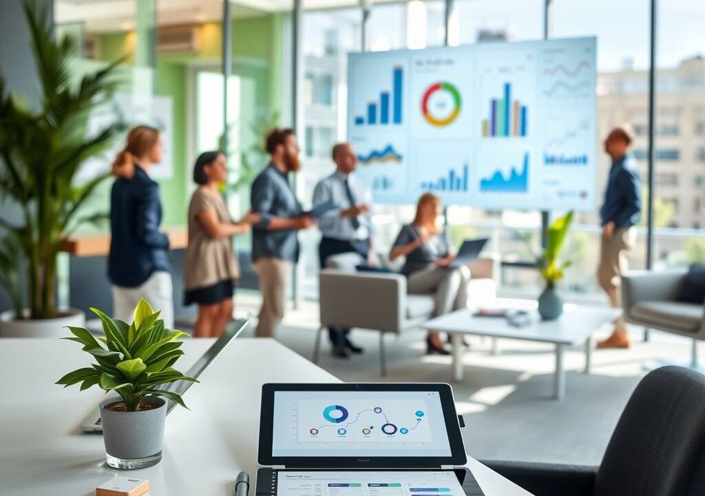 A photorealistic, wide-angle 16:9 image of a modern, sunlit German office. The foreground shows a clean, minimalist desk with a sleek laptop, a tablet displaying a digital workflow chart, and a small, healthy plant. In the soft-focus background, a diverse team of professionals collaborates in an open-plan space with glass walls, modern furniture, and vibrant green accents. One person gestures towards a large, wall-mounted digital screen showing data visualizations. The atmosphere is dynamic, professional, and technologically advanced, emphasizing seamless coordination and digital processes.