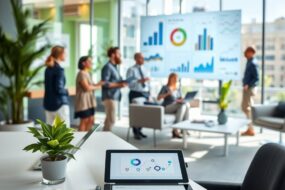 A photorealistic, wide-angle 16:9 image of a modern, sunlit German office. The foreground shows a clean, minimalist desk with a sleek laptop, a tablet displaying a digital workflow chart, and a small, healthy plant. In the soft-focus background, a diverse team of professionals collaborates in an open-plan space with glass walls, modern furniture, and vibrant green accents. One person gestures towards a large, wall-mounted digital screen showing data visualizations. The atmosphere is dynamic, professional, and technologically advanced, emphasizing seamless coordination and digital processes.