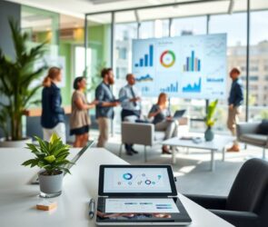 A photorealistic, wide-angle 16:9 image of a modern, sunlit German office. The foreground shows a clean, minimalist desk with a sleek laptop, a tablet displaying a digital workflow chart, and a small, healthy plant. In the soft-focus background, a diverse team of professionals collaborates in an open-plan space with glass walls, modern furniture, and vibrant green accents. One person gestures towards a large, wall-mounted digital screen showing data visualizations. The atmosphere is dynamic, professional, and technologically advanced, emphasizing seamless coordination and digital processes.