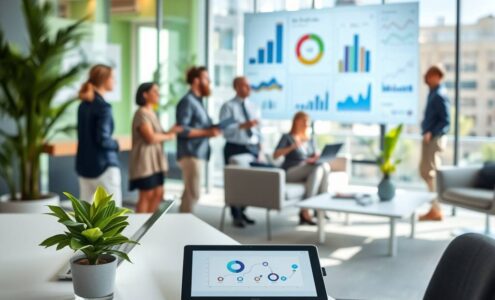 A photorealistic, wide-angle 16:9 image of a modern, sunlit German office. The foreground shows a clean, minimalist desk with a sleek laptop, a tablet displaying a digital workflow chart, and a small, healthy plant. In the soft-focus background, a diverse team of professionals collaborates in an open-plan space with glass walls, modern furniture, and vibrant green accents. One person gestures towards a large, wall-mounted digital screen showing data visualizations. The atmosphere is dynamic, professional, and technologically advanced, emphasizing seamless coordination and digital processes.