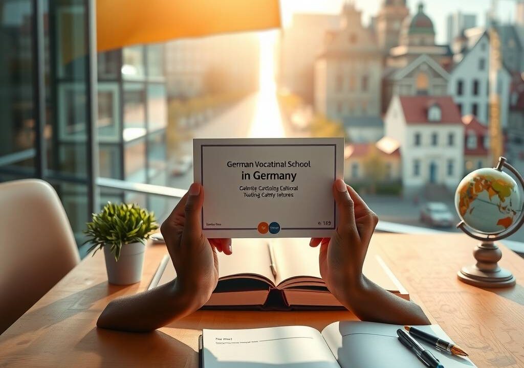 A photorealistic 16:9 image depicting a symbolic journey towards opportunity in Germany. In the foreground, a pair of hands holds a modern, sleek German vocational school certificate or a symbolic, minimalist key. The hands are of diverse skin tones, resting on a clean, wooden table. From this central point, a faint, glowing path of light extends into the background, leading towards a stylized, sunlit German cityscape with modern and traditional architecture blending seamlessly. On the table, next to the hands, lies an open, blank notebook with a pen, a small potted plant (symbolizing growth), and a subtle, out-of-focus globe. The lighting is warm, optimistic, and professional, with a slight blur on the cityscape to emphasize the focus on the starting point of the journey. The overall mood is aspirational, clear, and forward-looking.