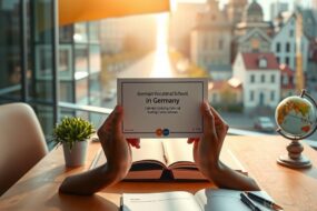 A photorealistic 16:9 image depicting a symbolic journey towards opportunity in Germany. In the foreground, a pair of hands holds a modern, sleek German vocational school certificate or a symbolic, minimalist key. The hands are of diverse skin tones, resting on a clean, wooden table. From this central point, a faint, glowing path of light extends into the background, leading towards a stylized, sunlit German cityscape with modern and traditional architecture blending seamlessly. On the table, next to the hands, lies an open, blank notebook with a pen, a small potted plant (symbolizing growth), and a subtle, out-of-focus globe. The lighting is warm, optimistic, and professional, with a slight blur on the cityscape to emphasize the focus on the starting point of the journey. The overall mood is aspirational, clear, and forward-looking.