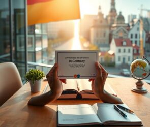 A photorealistic 16:9 image depicting a symbolic journey towards opportunity in Germany. In the foreground, a pair of hands holds a modern, sleek German vocational school certificate or a symbolic, minimalist key. The hands are of diverse skin tones, resting on a clean, wooden table. From this central point, a faint, glowing path of light extends into the background, leading towards a stylized, sunlit German cityscape with modern and traditional architecture blending seamlessly. On the table, next to the hands, lies an open, blank notebook with a pen, a small potted plant (symbolizing growth), and a subtle, out-of-focus globe. The lighting is warm, optimistic, and professional, with a slight blur on the cityscape to emphasize the focus on the starting point of the journey. The overall mood is aspirational, clear, and forward-looking.