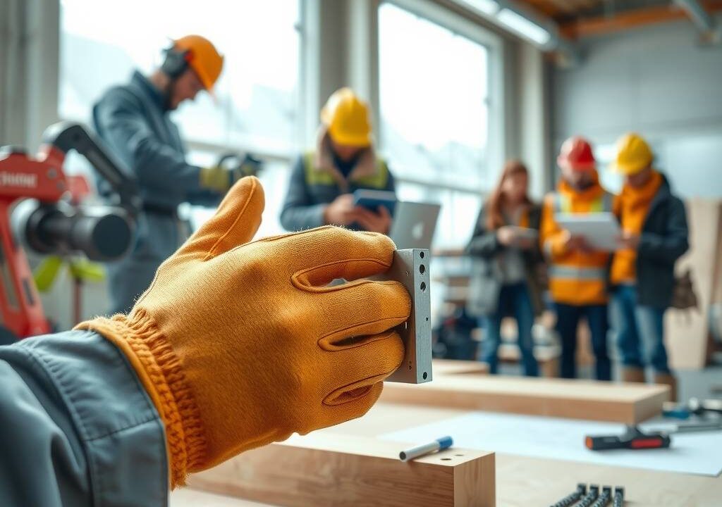 A dynamic, photorealistic 16:9 image showcasing the modern German trades. In the foreground, a skilled craftsperson's hands are at work, wearing clean, high-tech safety gloves. They are assembling a sophisticated component that blends traditional materials like polished wood or metal with modern elements like integrated circuitry or energy-efficient wiring. In the soft-focus background, a diverse team of modern professionals collaborates in a bright, well-equipped workshop or on a contemporary construction site. One person might be programming a robotic arm, while another consults a digital blueprint on a tablet. The atmosphere is innovative, precise, and forward-looking, capturing the sector's role in sustainable building, advanced technology, and preserving architectural heritage. The lighting is bright and clear, emphasizing quality and skill.