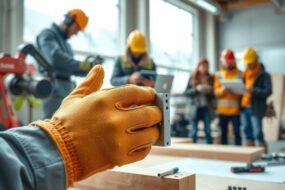 A dynamic, photorealistic 16:9 image showcasing the modern German trades. In the foreground, a skilled craftsperson's hands are at work, wearing clean, high-tech safety gloves. They are assembling a sophisticated component that blends traditional materials like polished wood or metal with modern elements like integrated circuitry or energy-efficient wiring. In the soft-focus background, a diverse team of modern professionals collaborates in a bright, well-equipped workshop or on a contemporary construction site. One person might be programming a robotic arm, while another consults a digital blueprint on a tablet. The atmosphere is innovative, precise, and forward-looking, capturing the sector's role in sustainable building, advanced technology, and preserving architectural heritage. The lighting is bright and clear, emphasizing quality and skill.