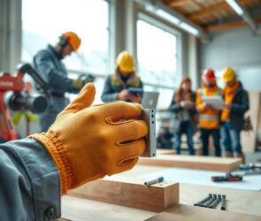 A dynamic, photorealistic 16:9 image showcasing the modern German trades. In the foreground, a skilled craftsperson's hands are at work, wearing clean, high-tech safety gloves. They are assembling a sophisticated component that blends traditional materials like polished wood or metal with modern elements like integrated circuitry or energy-efficient wiring. In the soft-focus background, a diverse team of modern professionals collaborates in a bright, well-equipped workshop or on a contemporary construction site. One person might be programming a robotic arm, while another consults a digital blueprint on a tablet. The atmosphere is innovative, precise, and forward-looking, capturing the sector's role in sustainable building, advanced technology, and preserving architectural heritage. The lighting is bright and clear, emphasizing quality and skill.