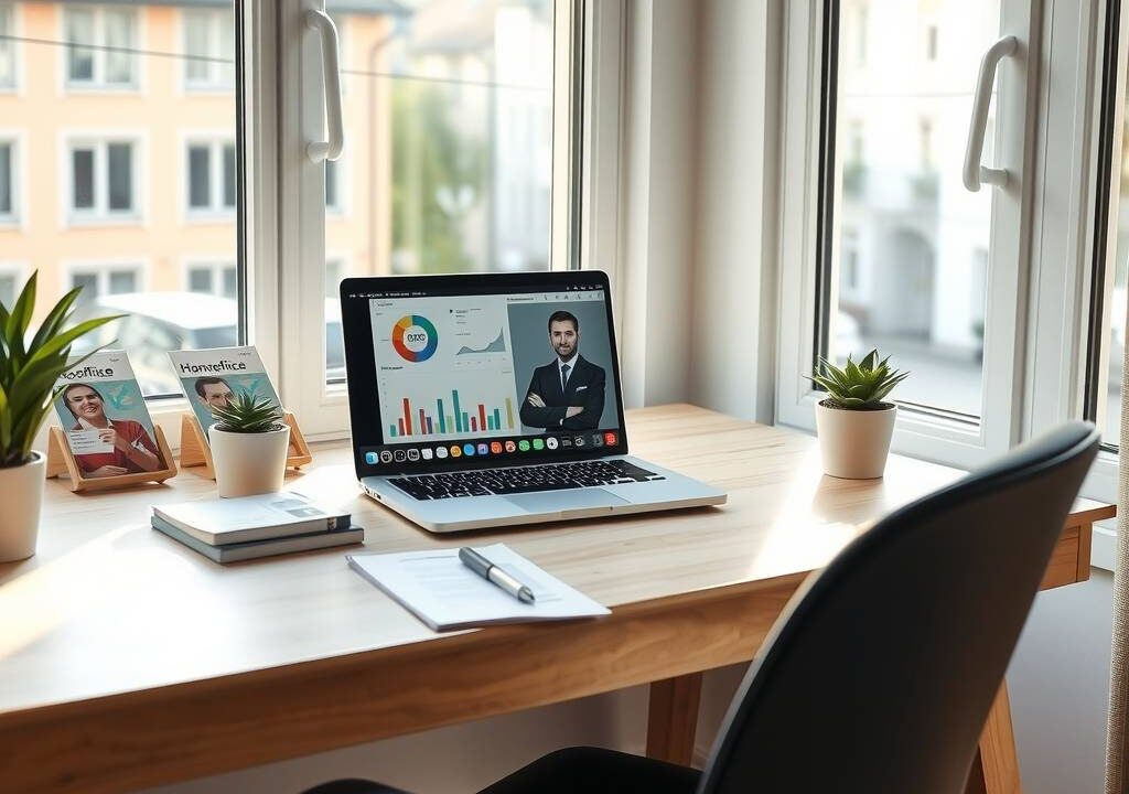 A photorealistic 16:9 image depicting the modern concept of 'Homeoffice in Germany'. The scene is a bright, minimalist, and productive home office in a German apartment. Sunlight streams through a large window, revealing a glimpse of a typical German urban street with orderly buildings and a hint of greenery. The focus is on a sleek, uncluttered wooden desk. On it, a sophisticated laptop is open, displaying abstract data charts and a video call interface with blurred, professional avatars, symbolizing remote collaboration. Next to the laptop, a neat stack of documents, a German tax brochure titled 'Homeoffice-Pauschale' is partially visible, and a healthy potted plant. In the foreground, a stylish yet ergonomic chair is slightly pulled out, suggesting recent activity. The overall atmosphere is calm, efficient, and forward-looking, representing the seamless integration of professional life into a personal, flexible space. No text or human faces are visible.