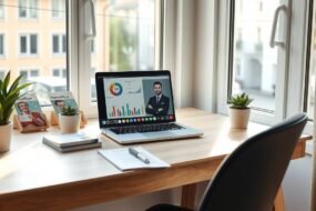 A photorealistic 16:9 image depicting the modern concept of 'Homeoffice in Germany'. The scene is a bright, minimalist, and productive home office in a German apartment. Sunlight streams through a large window, revealing a glimpse of a typical German urban street with orderly buildings and a hint of greenery. The focus is on a sleek, uncluttered wooden desk. On it, a sophisticated laptop is open, displaying abstract data charts and a video call interface with blurred, professional avatars, symbolizing remote collaboration. Next to the laptop, a neat stack of documents, a German tax brochure titled 'Homeoffice-Pauschale' is partially visible, and a healthy potted plant. In the foreground, a stylish yet ergonomic chair is slightly pulled out, suggesting recent activity. The overall atmosphere is calm, efficient, and forward-looking, representing the seamless integration of professional life into a personal, flexible space. No text or human faces are visible.