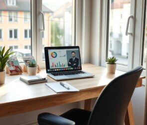 A photorealistic 16:9 image depicting the modern concept of 'Homeoffice in Germany'. The scene is a bright, minimalist, and productive home office in a German apartment. Sunlight streams through a large window, revealing a glimpse of a typical German urban street with orderly buildings and a hint of greenery. The focus is on a sleek, uncluttered wooden desk. On it, a sophisticated laptop is open, displaying abstract data charts and a video call interface with blurred, professional avatars, symbolizing remote collaboration. Next to the laptop, a neat stack of documents, a German tax brochure titled 'Homeoffice-Pauschale' is partially visible, and a healthy potted plant. In the foreground, a stylish yet ergonomic chair is slightly pulled out, suggesting recent activity. The overall atmosphere is calm, efficient, and forward-looking, representing the seamless integration of professional life into a personal, flexible space. No text or human faces are visible.