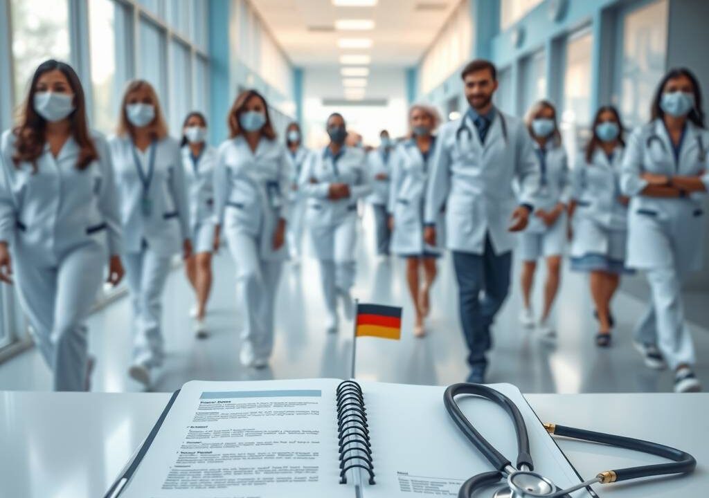 A photorealistic 16:9 scene of a clean, modern hospital corridor in Germany, with natural light streaming through large windows. In the foreground, an open professional portfolio or certification document lies on a sleek desk, next to a stethoscope and a small flag of Germany. The background shows a diverse team of healthcare professionals in white uniforms, walking purposefully but with blurred, anonymous features. Soft blue and white tones dominate, conveying trust, opportunity, and a professional medical environment. No text, no visible faces.
