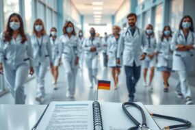 A photorealistic 16:9 scene of a clean, modern hospital corridor in Germany, with natural light streaming through large windows. In the foreground, an open professional portfolio or certification document lies on a sleek desk, next to a stethoscope and a small flag of Germany. The background shows a diverse team of healthcare professionals in white uniforms, walking purposefully but with blurred, anonymous features. Soft blue and white tones dominate, conveying trust, opportunity, and a professional medical environment. No text, no visible faces.