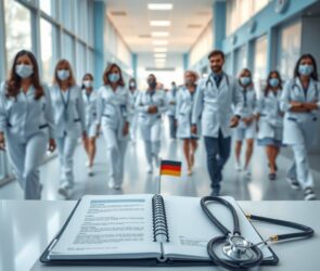 A photorealistic 16:9 scene of a clean, modern hospital corridor in Germany, with natural light streaming through large windows. In the foreground, an open professional portfolio or certification document lies on a sleek desk, next to a stethoscope and a small flag of Germany. The background shows a diverse team of healthcare professionals in white uniforms, walking purposefully but with blurred, anonymous features. Soft blue and white tones dominate, conveying trust, opportunity, and a professional medical environment. No text, no visible faces.