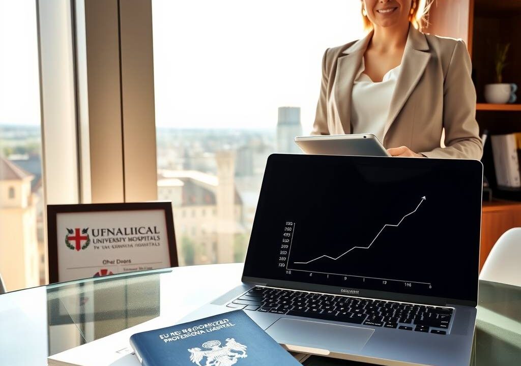 A professional woman in a modern office setting, standing confidently beside a large window overlooking a German cityscape. She is dressed in a sharp, light-colored blazer and holds a tablet. On a glass desk in front of her lies a German passport, a blue EU-recognized professional qualification certificate with official stamps, and a sleek, open laptop displaying a graph trending upwards. In the background, the subtle, recognizable logos of two renowned German university hospitals are visible on a framed award or brochure on a shelf. Sunlight streams in, illuminating the documents and creating a sense of optimism and open doors. The style is photorealistic with a clean, professional, and aspirational tone.