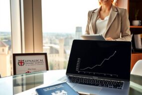 A professional woman in a modern office setting, standing confidently beside a large window overlooking a German cityscape. She is dressed in a sharp, light-colored blazer and holds a tablet. On a glass desk in front of her lies a German passport, a blue EU-recognized professional qualification certificate with official stamps, and a sleek, open laptop displaying a graph trending upwards. In the background, the subtle, recognizable logos of two renowned German university hospitals are visible on a framed award or brochure on a shelf. Sunlight streams in, illuminating the documents and creating a sense of optimism and open doors. The style is photorealistic with a clean, professional, and aspirational tone.
