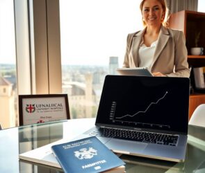 A professional woman in a modern office setting, standing confidently beside a large window overlooking a German cityscape. She is dressed in a sharp, light-colored blazer and holds a tablet. On a glass desk in front of her lies a German passport, a blue EU-recognized professional qualification certificate with official stamps, and a sleek, open laptop displaying a graph trending upwards. In the background, the subtle, recognizable logos of two renowned German university hospitals are visible on a framed award or brochure on a shelf. Sunlight streams in, illuminating the documents and creating a sense of optimism and open doors. The style is photorealistic with a clean, professional, and aspirational tone.
