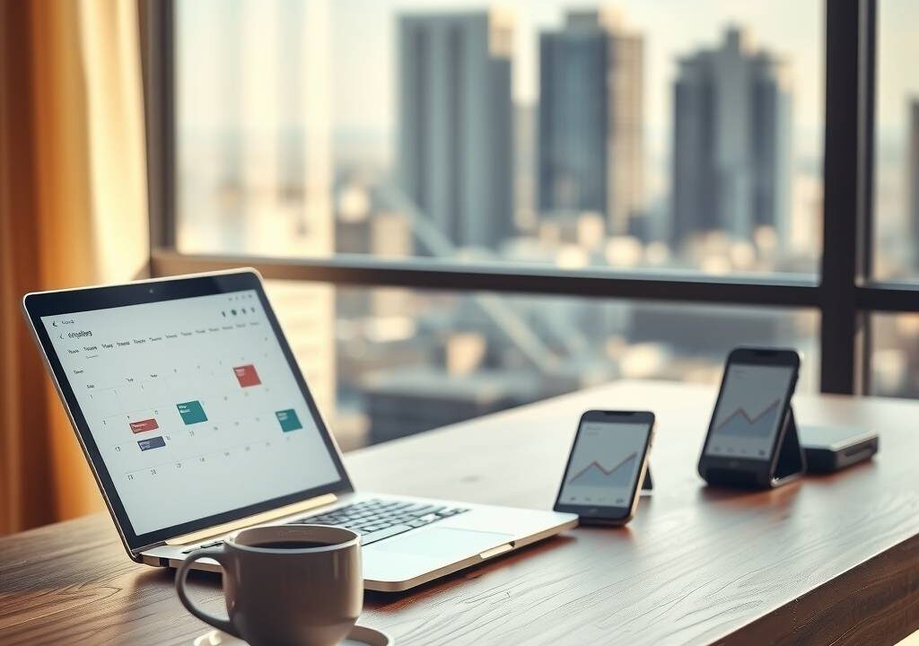A photorealistic, 16:9 image depicting a modern, minimalist home office workspace. On a sleek wooden desk, a laptop is open showing a blurred calendar interface with flexible time blocks. Next to it, a smartphone displays a simple graph trending upwards. In the soft background, a blurred cityscape is visible through a large window, suggesting the connection between home and the professional world. A stylish cup of coffee sits on a coaster. The lighting is warm and natural, emphasizing a sense of calm, autonomy, and modern productivity. No human faces or text are visible.