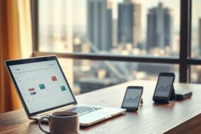 A photorealistic, 16:9 image depicting a modern, minimalist home office workspace. On a sleek wooden desk, a laptop is open showing a blurred calendar interface with flexible time blocks. Next to it, a smartphone displays a simple graph trending upwards. In the soft background, a blurred cityscape is visible through a large window, suggesting the connection between home and the professional world. A stylish cup of coffee sits on a coaster. The lighting is warm and natural, emphasizing a sense of calm, autonomy, and modern productivity. No human faces or text are visible.
