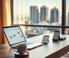 A photorealistic, 16:9 image depicting a modern, minimalist home office workspace. On a sleek wooden desk, a laptop is open showing a blurred calendar interface with flexible time blocks. Next to it, a smartphone displays a simple graph trending upwards. In the soft background, a blurred cityscape is visible through a large window, suggesting the connection between home and the professional world. A stylish cup of coffee sits on a coaster. The lighting is warm and natural, emphasizing a sense of calm, autonomy, and modern productivity. No human faces or text are visible.