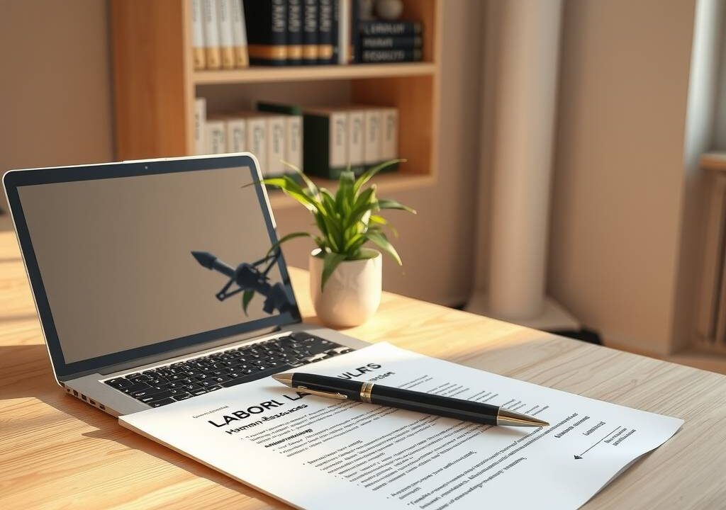 A professional, photorealistic image in a 16:9 aspect ratio. The scene is a modern, minimalist home office bathed in warm, natural morning light. On a sleek, light wood desk, a laptop is open, its screen glowing softly. Next to it lies a printed legal document with highlighted sections and a stylish pen resting on top. In the background, slightly out of focus, is a bookshelf with books on labor law and human resources. A healthy green plant sits on the desk. The overall atmosphere is calm, organized, and represents the perfect blend of professional legal expertise and the freedom of flexible, modern work.