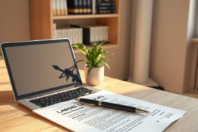 A professional, photorealistic image in a 16:9 aspect ratio. The scene is a modern, minimalist home office bathed in warm, natural morning light. On a sleek, light wood desk, a laptop is open, its screen glowing softly. Next to it lies a printed legal document with highlighted sections and a stylish pen resting on top. In the background, slightly out of focus, is a bookshelf with books on labor law and human resources. A healthy green plant sits on the desk. The overall atmosphere is calm, organized, and represents the perfect blend of professional legal expertise and the freedom of flexible, modern work.