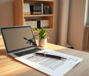 A professional, photorealistic image in a 16:9 aspect ratio. The scene is a modern, minimalist home office bathed in warm, natural morning light. On a sleek, light wood desk, a laptop is open, its screen glowing softly. Next to it lies a printed legal document with highlighted sections and a stylish pen resting on top. In the background, slightly out of focus, is a bookshelf with books on labor law and human resources. A healthy green plant sits on the desk. The overall atmosphere is calm, organized, and represents the perfect blend of professional legal expertise and the freedom of flexible, modern work.