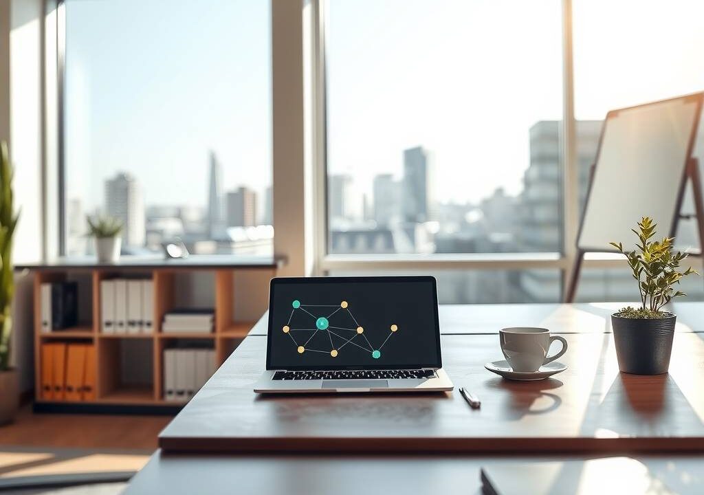 A photorealistic 16:9 image of a modern, bright office space in Germany. Sunlight streams through large windows overlooking a city skyline. A sleek wooden desk holds a laptop displaying a digital network graphic, a cup of coffee, and a small succulent. In the background, a blurred bookshelf with business and tech books, and a whiteboard with abstract workflow diagrams. No people, no text. Clean, minimalist, contemporary German design.