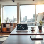 A photorealistic 16:9 image of a modern, bright office space in Germany. Sunlight streams through large windows overlooking a city skyline. A sleek wooden desk holds a laptop displaying a digital network graphic, a cup of coffee, and a small succulent. In the background, a blurred bookshelf with business and tech books, and a whiteboard with abstract workflow diagrams. No people, no text. Clean, minimalist, contemporary German design.