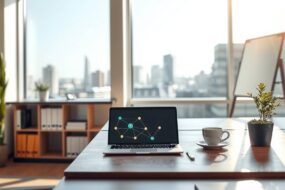 A photorealistic 16:9 image of a modern, bright office space in Germany. Sunlight streams through large windows overlooking a city skyline. A sleek wooden desk holds a laptop displaying a digital network graphic, a cup of coffee, and a small succulent. In the background, a blurred bookshelf with business and tech books, and a whiteboard with abstract workflow diagrams. No people, no text. Clean, minimalist, contemporary German design.