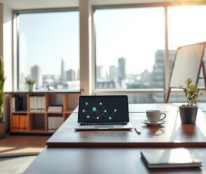 A photorealistic 16:9 image of a modern, bright office space in Germany. Sunlight streams through large windows overlooking a city skyline. A sleek wooden desk holds a laptop displaying a digital network graphic, a cup of coffee, and a small succulent. In the background, a blurred bookshelf with business and tech books, and a whiteboard with abstract workflow diagrams. No people, no text. Clean, minimalist, contemporary German design.