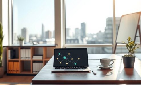 A photorealistic 16:9 image of a modern, bright office space in Germany. Sunlight streams through large windows overlooking a city skyline. A sleek wooden desk holds a laptop displaying a digital network graphic, a cup of coffee, and a small succulent. In the background, a blurred bookshelf with business and tech books, and a whiteboard with abstract workflow diagrams. No people, no text. Clean, minimalist, contemporary German design.