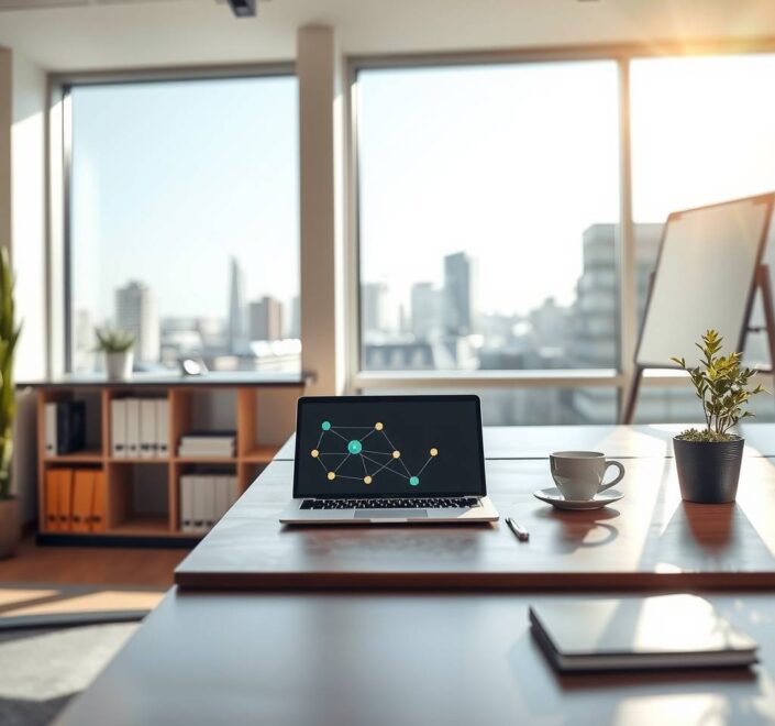 A photorealistic 16:9 image of a modern, bright office space in Germany. Sunlight streams through large windows overlooking a city skyline. A sleek wooden desk holds a laptop displaying a digital network graphic, a cup of coffee, and a small succulent. In the background, a blurred bookshelf with business and tech books, and a whiteboard with abstract workflow diagrams. No people, no text. Clean, minimalist, contemporary German design.