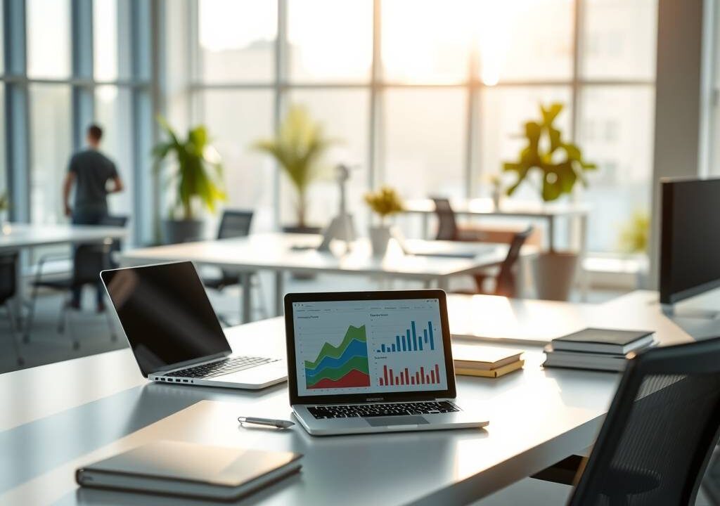 A photorealistic, 16:9 image depicting a modern, minimalist German office environment. The focus is on a clean, organized desk with a sleek laptop, a tablet displaying data charts, and a stylish, ergonomic chair. In the soft background, a blurred open-plan office shows collaborative spaces and potted plants. Sunlight streams through large windows, illuminating the scene with a warm, professional, and optimistic atmosphere. The composition emphasizes order, digital tools, and a forward-looking, dynamic work culture.