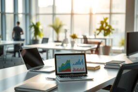 A photorealistic, 16:9 image depicting a modern, minimalist German office environment. The focus is on a clean, organized desk with a sleek laptop, a tablet displaying data charts, and a stylish, ergonomic chair. In the soft background, a blurred open-plan office shows collaborative spaces and potted plants. Sunlight streams through large windows, illuminating the scene with a warm, professional, and optimistic atmosphere. The composition emphasizes order, digital tools, and a forward-looking, dynamic work culture.