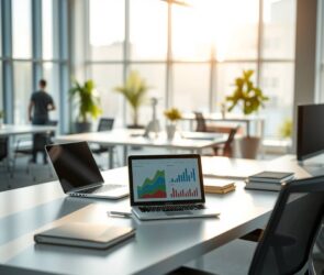 A photorealistic, 16:9 image depicting a modern, minimalist German office environment. The focus is on a clean, organized desk with a sleek laptop, a tablet displaying data charts, and a stylish, ergonomic chair. In the soft background, a blurred open-plan office shows collaborative spaces and potted plants. Sunlight streams through large windows, illuminating the scene with a warm, professional, and optimistic atmosphere. The composition emphasizes order, digital tools, and a forward-looking, dynamic work culture.