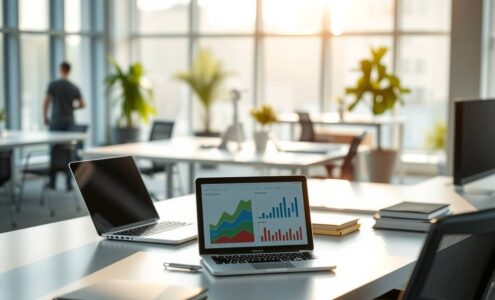 A photorealistic, 16:9 image depicting a modern, minimalist German office environment. The focus is on a clean, organized desk with a sleek laptop, a tablet displaying data charts, and a stylish, ergonomic chair. In the soft background, a blurred open-plan office shows collaborative spaces and potted plants. Sunlight streams through large windows, illuminating the scene with a warm, professional, and optimistic atmosphere. The composition emphasizes order, digital tools, and a forward-looking, dynamic work culture.