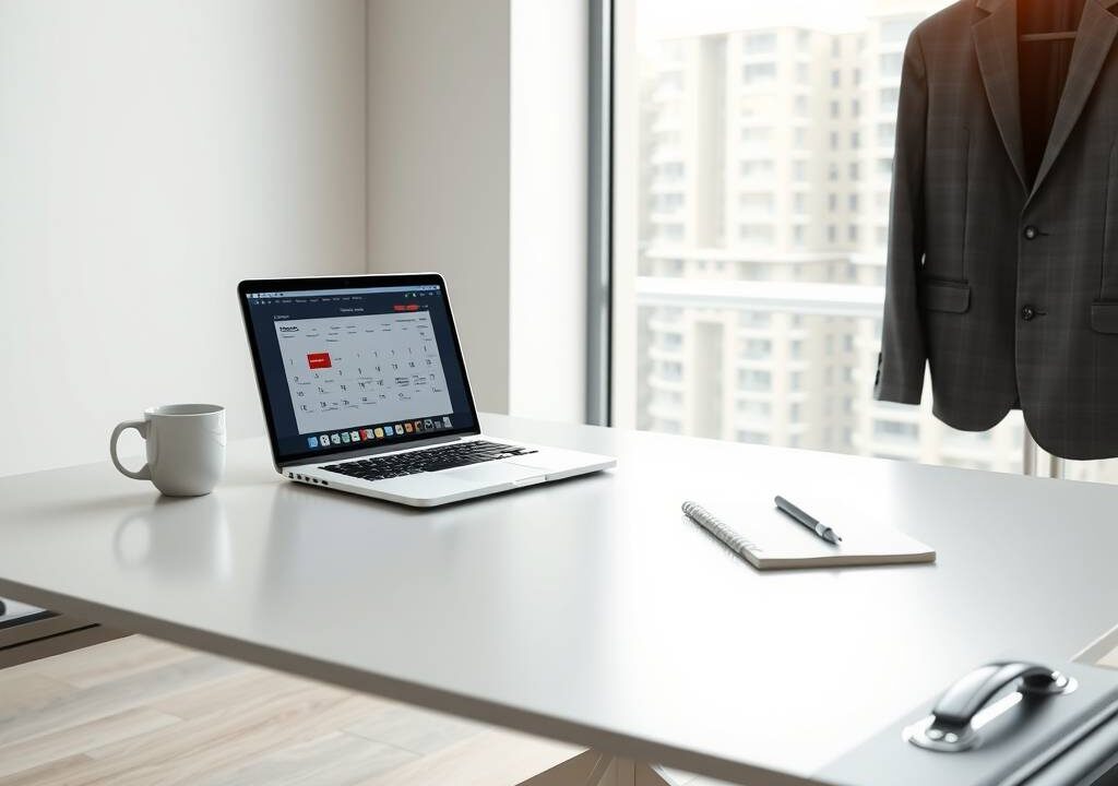 A photorealistic 16:9 image showing a clean, modern desk in a bright office. On the desk, a laptop with a calendar interface open, a cup of coffee, and a notepad with a pen. Beside the desk, a neatly hung blazer and a briefcase on the floor. Soft natural light streams in through a large window, with subtle financial and legal document icons faintly floating in the background. No text, no faces.