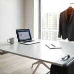 A photorealistic 16:9 image showing a clean, modern desk in a bright office. On the desk, a laptop with a calendar interface open, a cup of coffee, and a notepad with a pen. Beside the desk, a neatly hung blazer and a briefcase on the floor. Soft natural light streams in through a large window, with subtle financial and legal document icons faintly floating in the background. No text, no faces.