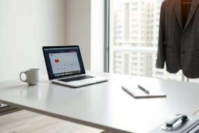 A photorealistic 16:9 image showing a clean, modern desk in a bright office. On the desk, a laptop with a calendar interface open, a cup of coffee, and a notepad with a pen. Beside the desk, a neatly hung blazer and a briefcase on the floor. Soft natural light streams in through a large window, with subtle financial and legal document icons faintly floating in the background. No text, no faces.