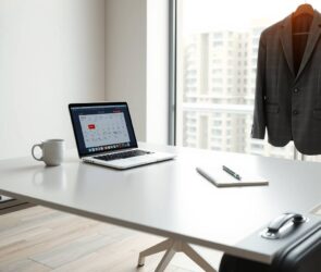 A photorealistic 16:9 image showing a clean, modern desk in a bright office. On the desk, a laptop with a calendar interface open, a cup of coffee, and a notepad with a pen. Beside the desk, a neatly hung blazer and a briefcase on the floor. Soft natural light streams in through a large window, with subtle financial and legal document icons faintly floating in the background. No text, no faces.