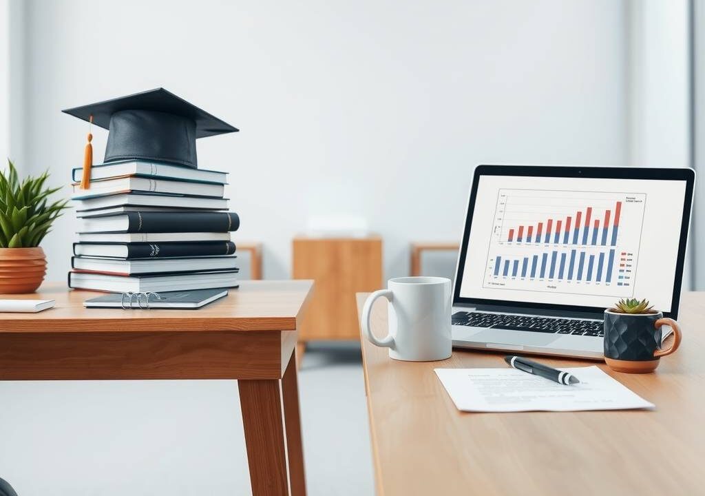 A photorealistic 16:9 image depicting a symbolic transition from academia to the professional world. On the left side, a neat stack of university books, a graduation cap, and a plant sit on a wooden desk. A clear path leads from this desk to the right side, which features a modern, minimalist professional workspace. On this side, there's an open laptop showing a clean chart, a sleek coffee mug, a signed contract with a pen resting on it, and a small, healthy succulent. The background is a soft-focus, bright office environment with natural light streaming in. The overall mood is optimistic, organized, and forward-moving, emphasizing preparation and successful entry into the career world.