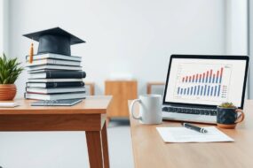 A photorealistic 16:9 image depicting a symbolic transition from academia to the professional world. On the left side, a neat stack of university books, a graduation cap, and a plant sit on a wooden desk. A clear path leads from this desk to the right side, which features a modern, minimalist professional workspace. On this side, there's an open laptop showing a clean chart, a sleek coffee mug, a signed contract with a pen resting on it, and a small, healthy succulent. The background is a soft-focus, bright office environment with natural light streaming in. The overall mood is optimistic, organized, and forward-moving, emphasizing preparation and successful entry into the career world.