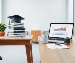 A photorealistic 16:9 image depicting a symbolic transition from academia to the professional world. On the left side, a neat stack of university books, a graduation cap, and a plant sit on a wooden desk. A clear path leads from this desk to the right side, which features a modern, minimalist professional workspace. On this side, there's an open laptop showing a clean chart, a sleek coffee mug, a signed contract with a pen resting on it, and a small, healthy succulent. The background is a soft-focus, bright office environment with natural light streaming in. The overall mood is optimistic, organized, and forward-moving, emphasizing preparation and successful entry into the career world.