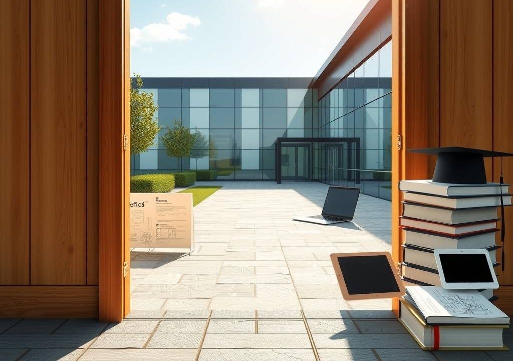 A photorealistic 16:9 image depicting a symbolic and aspirational scene. In the foreground, a modern, open wooden door is ajar, revealing a bright, sunlit path that leads towards a sleek, contemporary German office or industrial building with large glass windows. The path is paved with clean, geometric stones. On one side of the path, a neatly arranged, professional work desk with a laptop, architectural blueprints, and precision tools (like a caliper) is visible, representing practical training. On the other side, a stack of academic books, a graduation cap, and a tablet displaying a technical diagram symbolize theoretical learning. The overall lighting is warm and optimistic, suggesting opportunity and a structured future. The focus is on the objects and the path, with no human faces or text.