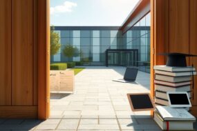 A photorealistic 16:9 image depicting a symbolic and aspirational scene. In the foreground, a modern, open wooden door is ajar, revealing a bright, sunlit path that leads towards a sleek, contemporary German office or industrial building with large glass windows. The path is paved with clean, geometric stones. On one side of the path, a neatly arranged, professional work desk with a laptop, architectural blueprints, and precision tools (like a caliper) is visible, representing practical training. On the other side, a stack of academic books, a graduation cap, and a tablet displaying a technical diagram symbolize theoretical learning. The overall lighting is warm and optimistic, suggesting opportunity and a structured future. The focus is on the objects and the path, with no human faces or text.