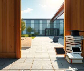 A photorealistic 16:9 image depicting a symbolic and aspirational scene. In the foreground, a modern, open wooden door is ajar, revealing a bright, sunlit path that leads towards a sleek, contemporary German office or industrial building with large glass windows. The path is paved with clean, geometric stones. On one side of the path, a neatly arranged, professional work desk with a laptop, architectural blueprints, and precision tools (like a caliper) is visible, representing practical training. On the other side, a stack of academic books, a graduation cap, and a tablet displaying a technical diagram symbolize theoretical learning. The overall lighting is warm and optimistic, suggesting opportunity and a structured future. The focus is on the objects and the path, with no human faces or text.
