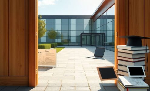 A photorealistic 16:9 image depicting a symbolic and aspirational scene. In the foreground, a modern, open wooden door is ajar, revealing a bright, sunlit path that leads towards a sleek, contemporary German office or industrial building with large glass windows. The path is paved with clean, geometric stones. On one side of the path, a neatly arranged, professional work desk with a laptop, architectural blueprints, and precision tools (like a caliper) is visible, representing practical training. On the other side, a stack of academic books, a graduation cap, and a tablet displaying a technical diagram symbolize theoretical learning. The overall lighting is warm and optimistic, suggesting opportunity and a structured future. The focus is on the objects and the path, with no human faces or text.