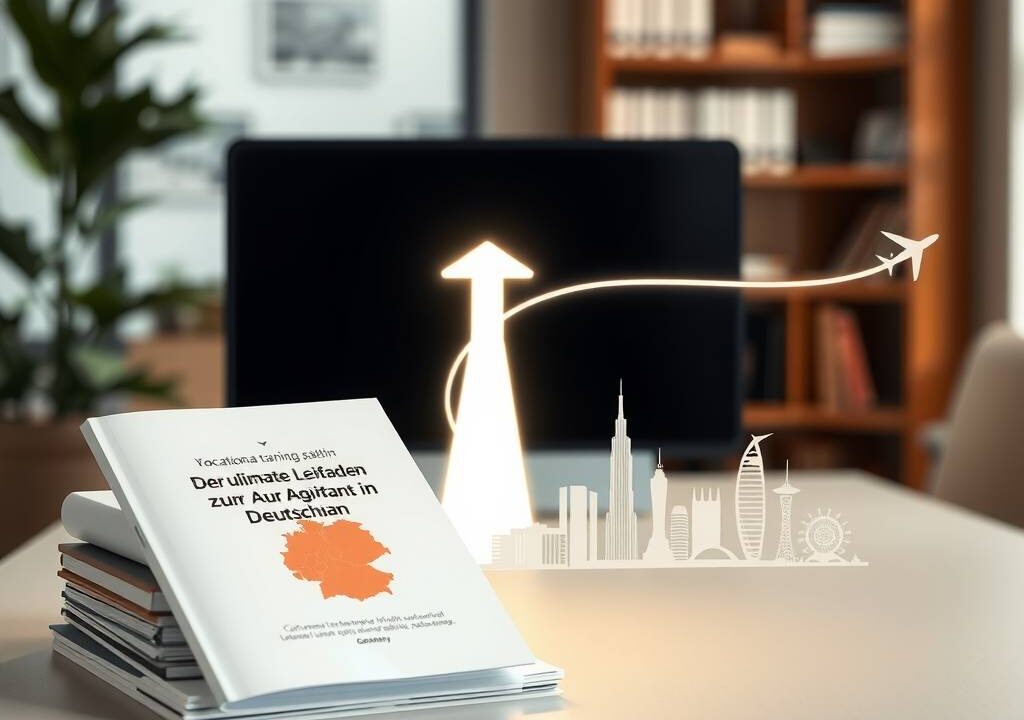 A photorealistic 16:9 image depicting a symbolic global career path starting in Germany. In the foreground, a neat stack of German vocational training documents, including a booklet titled "Der ultimative Leitfaden zur Ausbildung in Deutschland," rests on a modern desk. Leaning against it is a tablet showing a stylized, abstract map of Germany. From this point, a luminous path or a sleek, minimalist arrow extends across the desk. It transforms into a flight path dotted with iconic, simplified skyline silhouettes of major international cities like London, New York, Dubai, and Singapore, fading into the distance. The background is a soft-focus, professional office environment with a plant and blurred bookshelves, emphasizing focus on the central journey. The lighting is warm and optimistic, highlighting the documents and the global path. No human faces or readable text are visible.