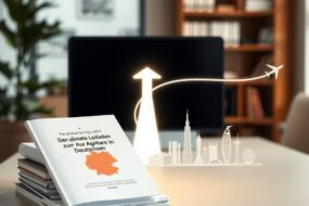 A photorealistic 16:9 image depicting a symbolic global career path starting in Germany. In the foreground, a neat stack of German vocational training documents, including a booklet titled "Der ultimative Leitfaden zur Ausbildung in Deutschland," rests on a modern desk. Leaning against it is a tablet showing a stylized, abstract map of Germany. From this point, a luminous path or a sleek, minimalist arrow extends across the desk. It transforms into a flight path dotted with iconic, simplified skyline silhouettes of major international cities like London, New York, Dubai, and Singapore, fading into the distance. The background is a soft-focus, professional office environment with a plant and blurred bookshelves, emphasizing focus on the central journey. The lighting is warm and optimistic, highlighting the documents and the global path. No human faces or readable text are visible.
