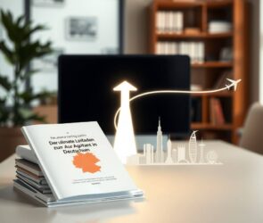 A photorealistic 16:9 image depicting a symbolic global career path starting in Germany. In the foreground, a neat stack of German vocational training documents, including a booklet titled "Der ultimative Leitfaden zur Ausbildung in Deutschland," rests on a modern desk. Leaning against it is a tablet showing a stylized, abstract map of Germany. From this point, a luminous path or a sleek, minimalist arrow extends across the desk. It transforms into a flight path dotted with iconic, simplified skyline silhouettes of major international cities like London, New York, Dubai, and Singapore, fading into the distance. The background is a soft-focus, professional office environment with a plant and blurred bookshelves, emphasizing focus on the central journey. The lighting is warm and optimistic, highlighting the documents and the global path. No human faces or readable text are visible.