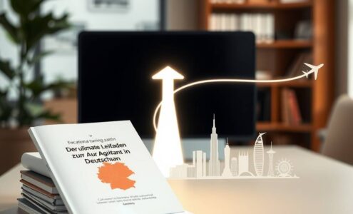 A photorealistic 16:9 image depicting a symbolic global career path starting in Germany. In the foreground, a neat stack of German vocational training documents, including a booklet titled "Der ultimative Leitfaden zur Ausbildung in Deutschland," rests on a modern desk. Leaning against it is a tablet showing a stylized, abstract map of Germany. From this point, a luminous path or a sleek, minimalist arrow extends across the desk. It transforms into a flight path dotted with iconic, simplified skyline silhouettes of major international cities like London, New York, Dubai, and Singapore, fading into the distance. The background is a soft-focus, professional office environment with a plant and blurred bookshelves, emphasizing focus on the central journey. The lighting is warm and optimistic, highlighting the documents and the global path. No human faces or readable text are visible.